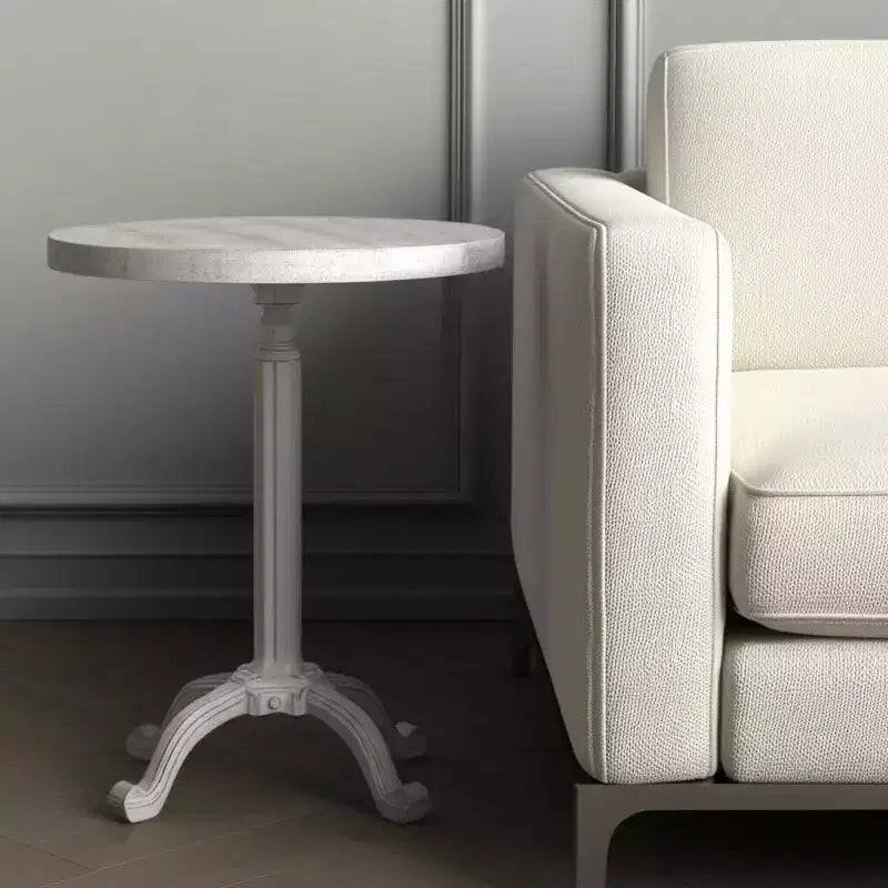 HomeRoots 22 White Solid Wood and Metal Height Adjustable Round Pedestal End Table