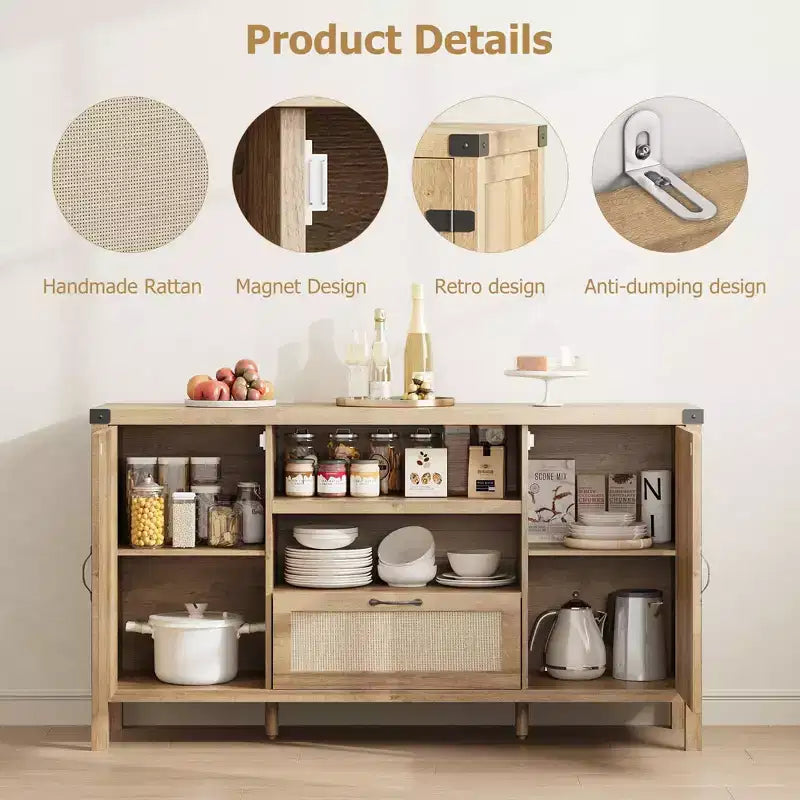 47.2 Farmhouse Buffet Cabinet - Rattan Decor Kitchen Sideboard with Storage for Living Room & Entryway,Natural