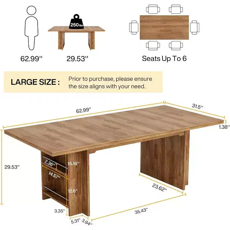 Lantine Farmhouse Dining Table for 4-6, 62.99Rectangular Dining Table with Storage for Kitchen, Living Room