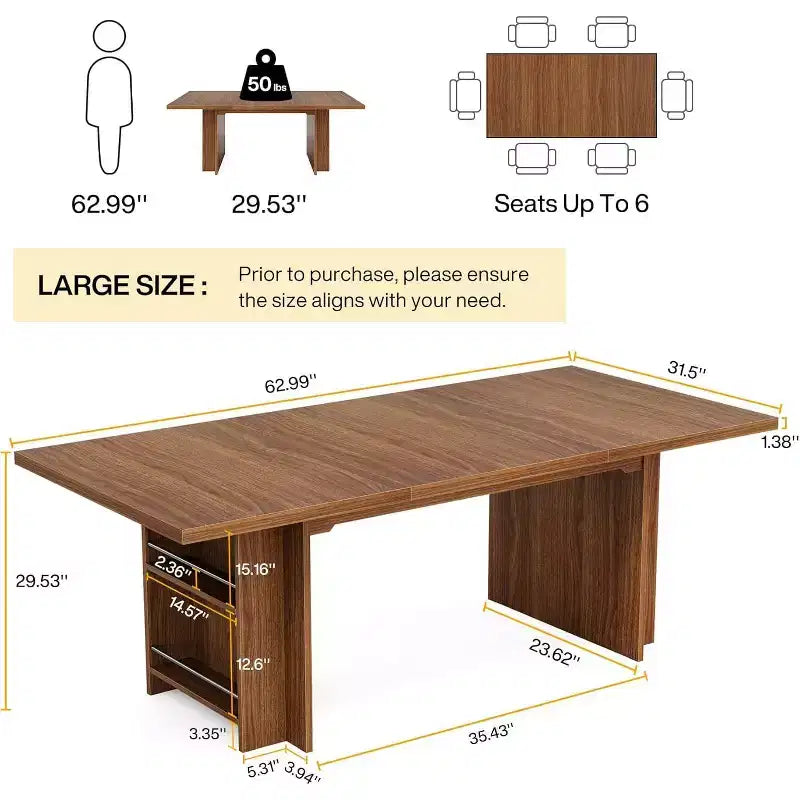 Lantine Farmhouse Dining Table for 4-6, 62.99Rectangular Dining Table with Storage for Kitchen, Living Room
