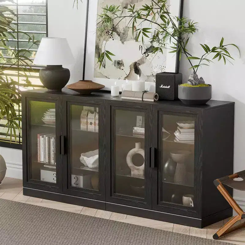 PexFix 62 W x 31 H Large Sideboard Buffet Cabinet with 4 Glass Doors 2 Adjustable Shelves for Kitchen Living/Dinning Room Bedroom Entryway Black
