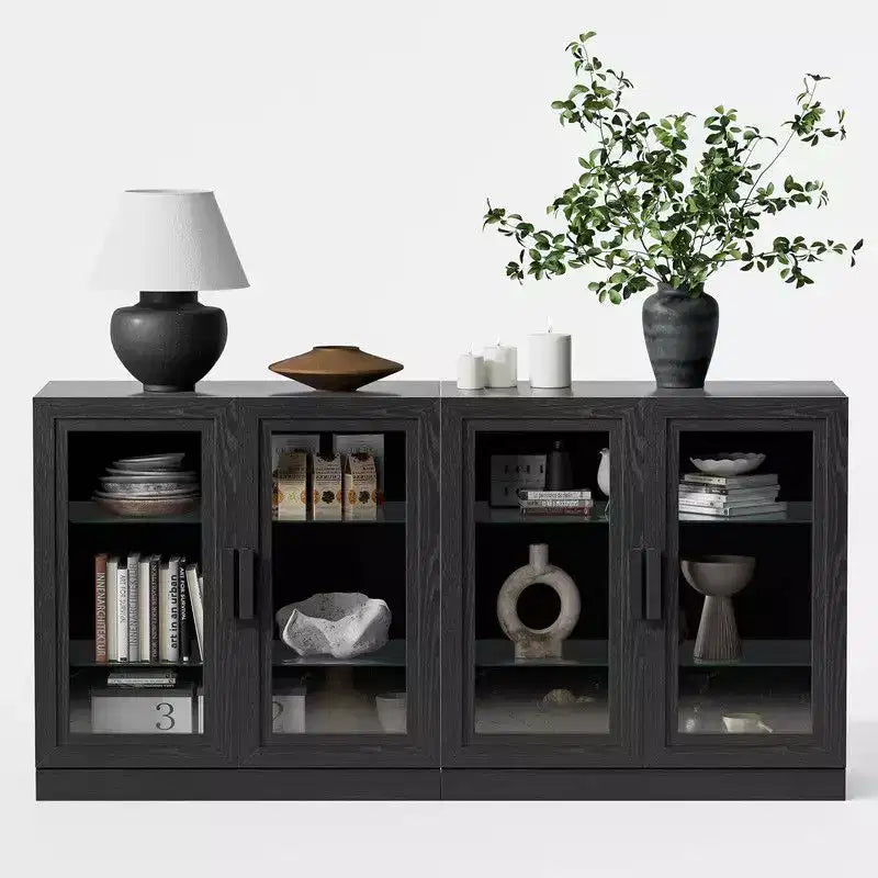 PexFix 62 W x 31 H Large Sideboard Buffet Cabinet with 4 Glass Doors 2 Adjustable Shelves for Kitchen Living/Dinning Room Bedroom Entryway Black