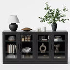 PexFix 62 W x 31 H Large Sideboard Buffet Cabinet with 4 Glass Doors 2 Adjustable Shelves for Kitchen Living/Dinning Room Bedroom Entryway Black