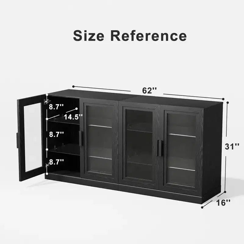 PexFix 62 W x 31 H Large Sideboard Buffet Cabinet with 4 Glass Doors 2 Adjustable Shelves for Kitchen Living/Dinning Room Bedroom Entryway Black