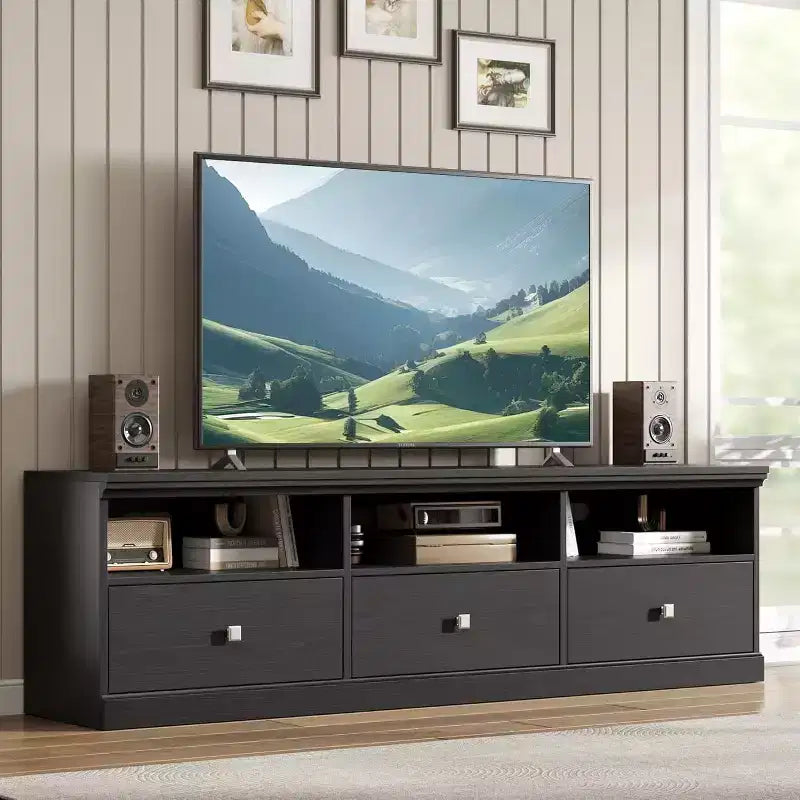 Mobile TV per televisori da 75 pollici, mobile da soggiorno moderno di metà secolo con cassetto portaoggetti, console TV in legno per soggiorno