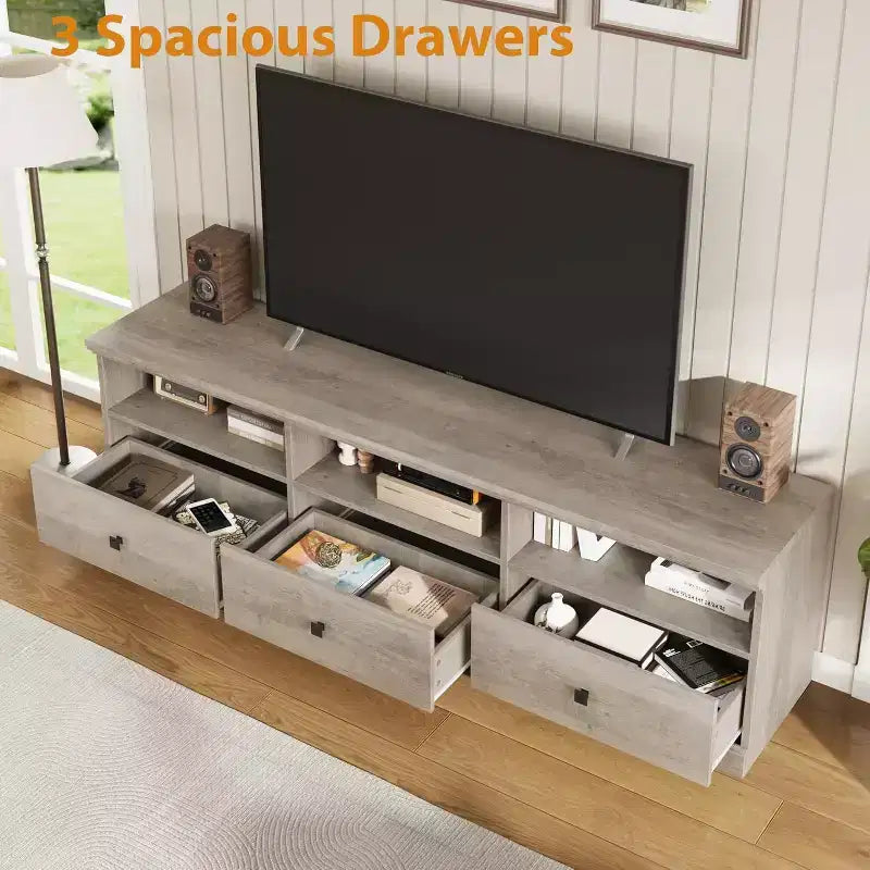 Mobile TV per televisori da 75 pollici, mobile da soggiorno moderno di metà secolo con cassetto portaoggetti, console TV in legno per soggiorno