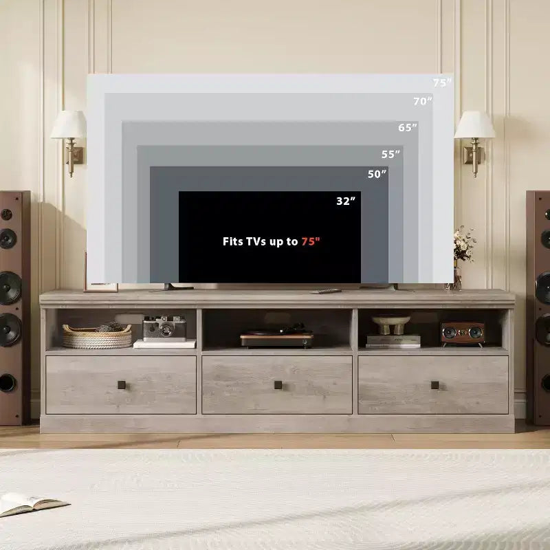 Mobile TV per televisori da 75 pollici, mobile da soggiorno moderno di metà secolo con cassetto portaoggetti, console TV in legno per soggiorno