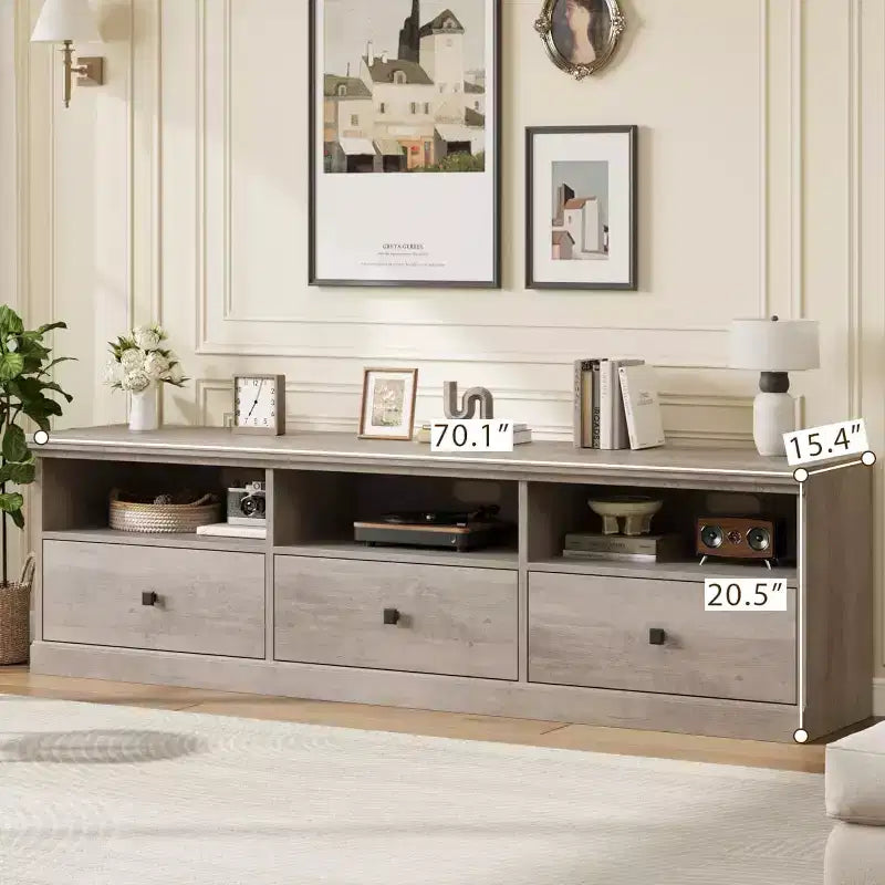 Mobile TV per televisori da 75 pollici, mobile da soggiorno moderno di metà secolo con cassetto portaoggetti, console TV in legno per soggiorno