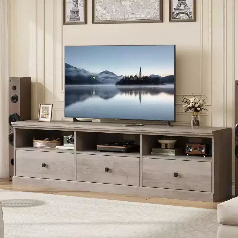Mobile TV per televisori da 75 pollici, mobile da soggiorno moderno di metà secolo con cassetto portaoggetti, console TV in legno per soggiorno