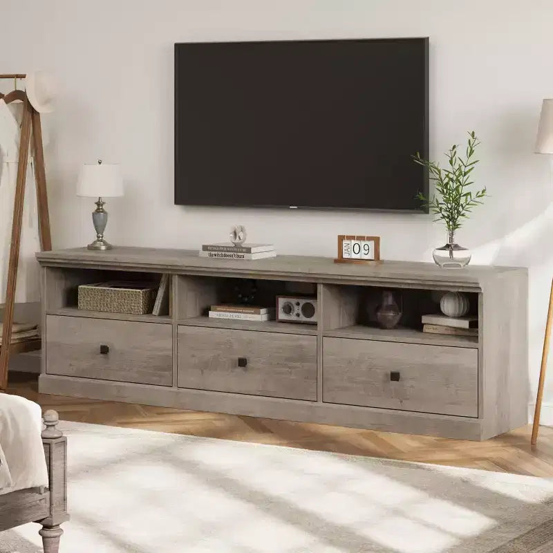 Mobile TV per televisori da 75 pollici, mobile da soggiorno moderno di metà secolo con cassetto portaoggetti, console TV in legno per soggiorno