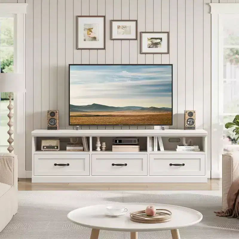 Mobile TV per televisori da 75 pollici, mobile da soggiorno moderno di metà secolo con cassetto portaoggetti, console TV in legno per soggiorno