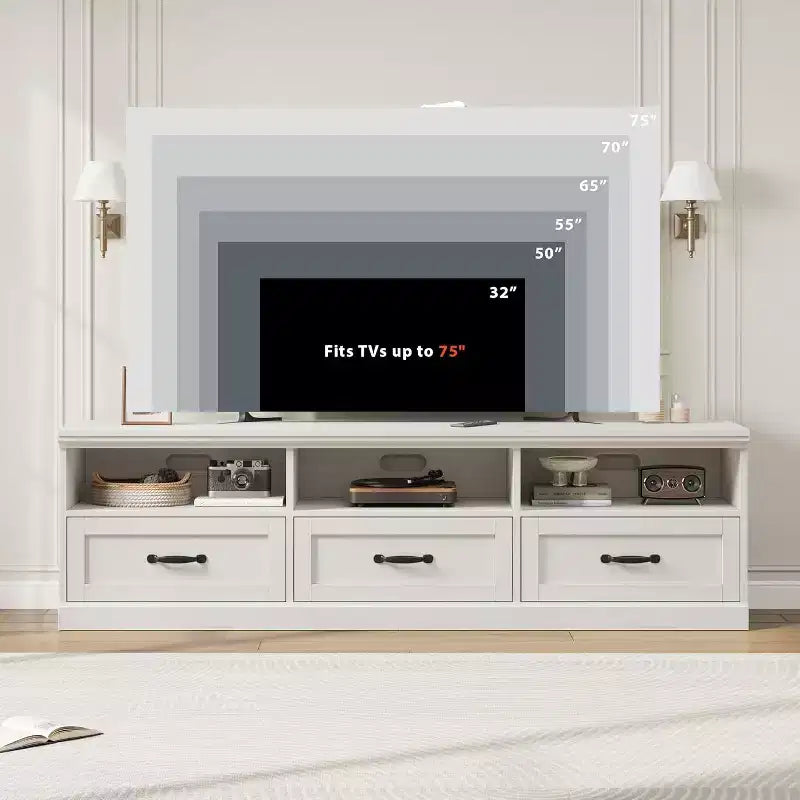 Mobile TV per televisori da 75 pollici, mobile da soggiorno moderno di metà secolo con cassetto portaoggetti, console TV in legno per soggiorno
