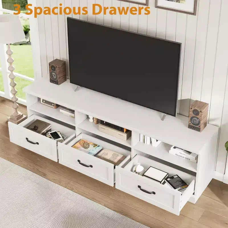 Mobile TV per televisori da 75 pollici, mobile da soggiorno moderno di metà secolo con cassetto portaoggetti, console TV in legno per soggiorno