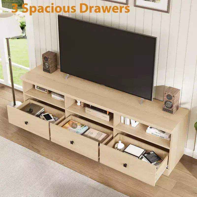 Mobile TV per televisori da 75 pollici, mobile da soggiorno moderno di metà secolo con cassetto portaoggetti, console TV in legno per soggiorno