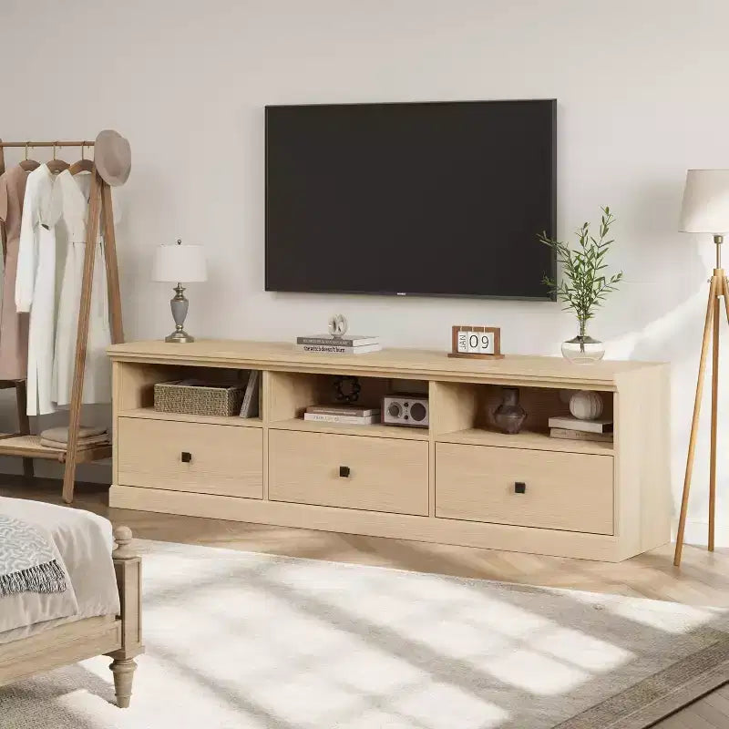 Mobile TV per televisori da 75 pollici, mobile da soggiorno moderno di metà secolo con cassetto portaoggetti, console TV in legno per soggiorno
