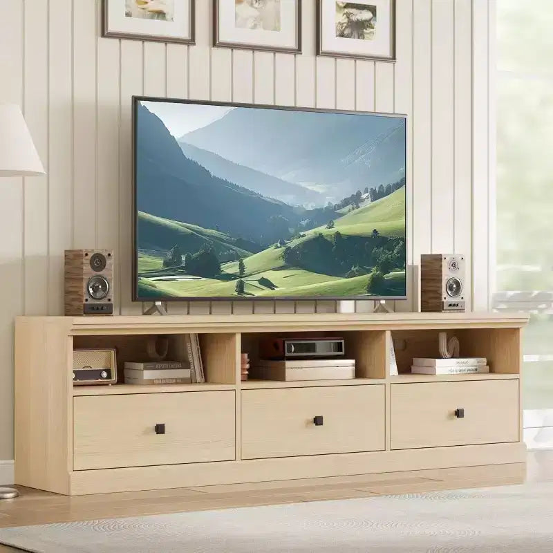 Mobile TV per televisori da 75 pollici, mobile da soggiorno moderno di metà secolo con cassetto portaoggetti, console TV in legno per soggiorno