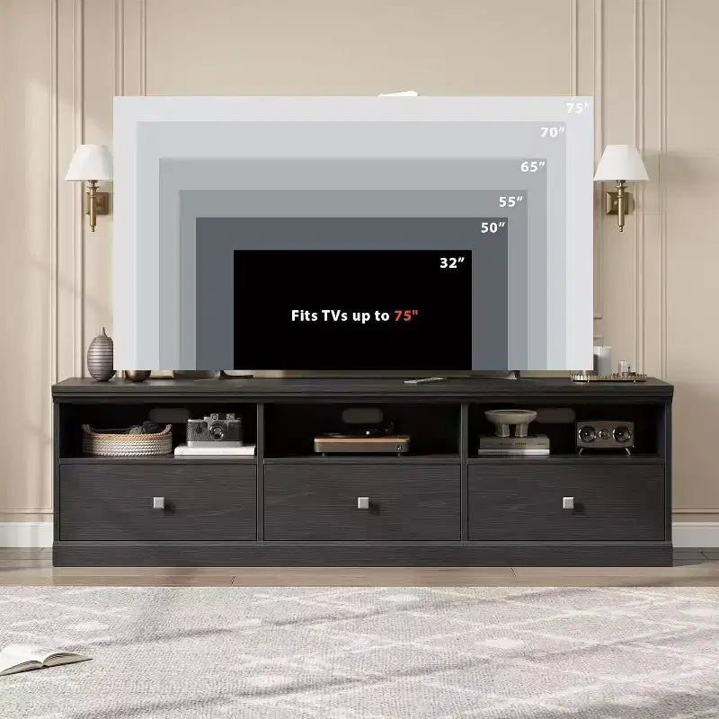 Mobile TV per televisori da 75 pollici, mobile da soggiorno moderno di metà secolo con cassetto portaoggetti, console TV in legno per soggiorno