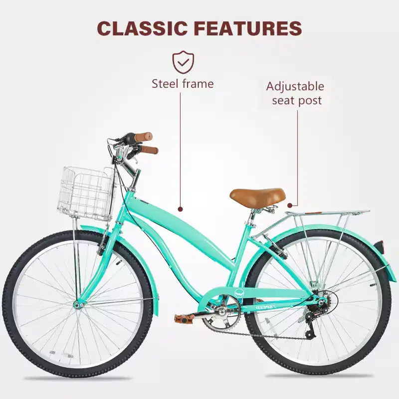 Bicicletta da città Hykolity da 26 pollici Beach Cruiser 7 velocità da donna con portapacchi posteriore, parafanghi anteriori e posteriori in acciaio ad alto tenore di carbonio e cestino