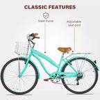 Bicicletta da città Hykolity da 26 pollici Beach Cruiser 7 velocità da donna con portapacchi posteriore, parafanghi anteriori e posteriori in acciaio ad alto tenore di carbonio e cestino