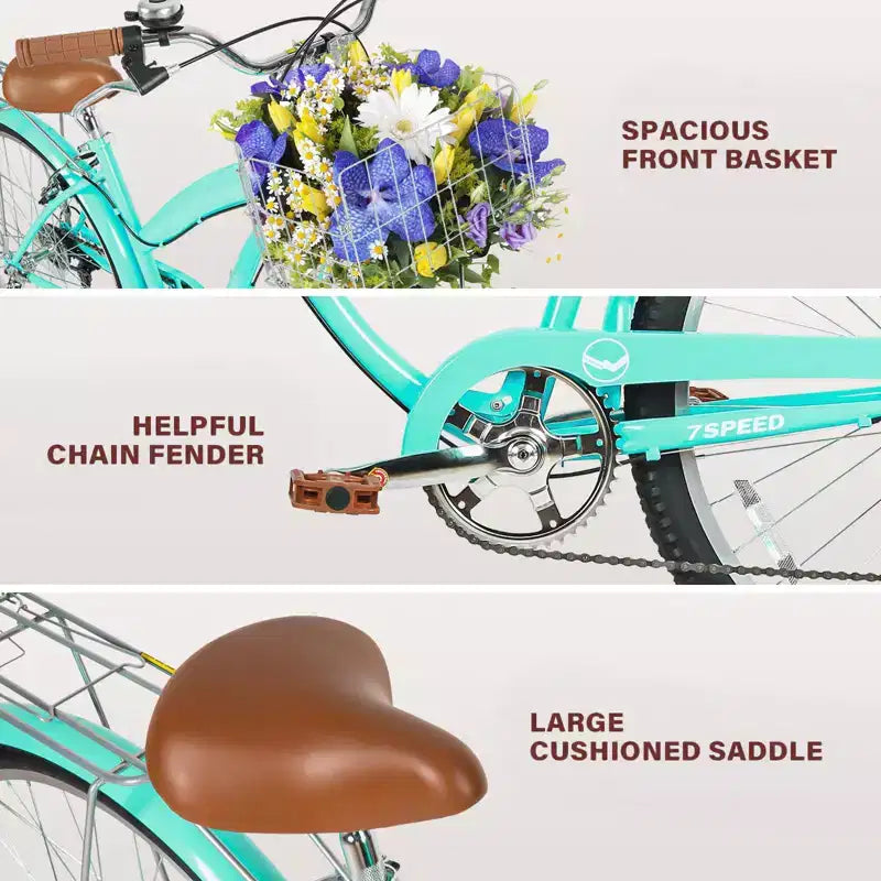 Bicicletta da città Hykolity da 26 pollici Beach Cruiser 7 velocità da donna con portapacchi posteriore, parafanghi anteriori e posteriori in acciaio ad alto tenore di carbonio e cestino