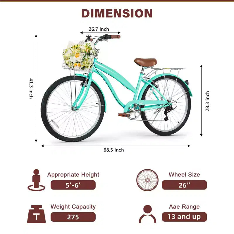 Bicicletta da città Hykolity da 26 pollici Beach Cruiser 7 velocità da donna con portapacchi posteriore, parafanghi anteriori e posteriori in acciaio ad alto tenore di carbonio e cestino