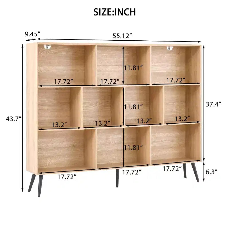 CuisinSmart Scaffale aperto a 3 ripiani in legno, Libreria autoportante a 10 scomparti con 5 gambe in ferro per casa ufficio soggiorno camera da letto