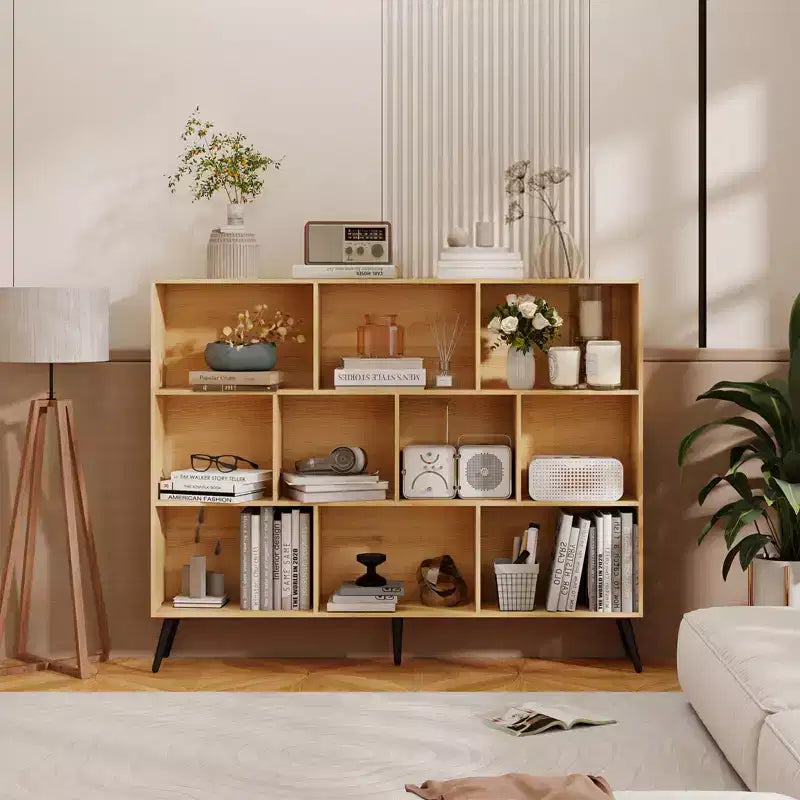 CuisinSmart Scaffale aperto a 3 ripiani in legno, Libreria autoportante a 10 scomparti con 5 gambe in ferro per casa ufficio soggiorno camera da letto