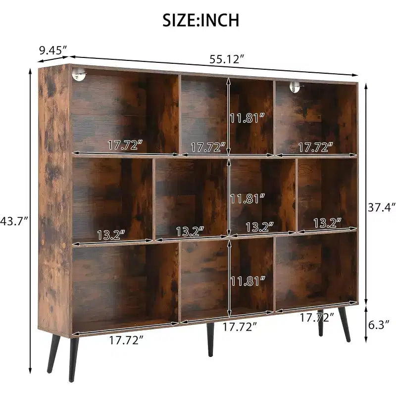 CuisinSmart Scaffale aperto a 3 ripiani in legno, Libreria autoportante a 10 scomparti con 5 gambe in ferro per casa ufficio soggiorno camera da letto