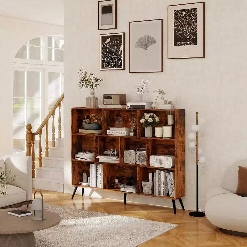 CuisinSmart Scaffale aperto a 3 ripiani in legno, Libreria autoportante a 10 scomparti con 5 gambe in ferro per casa ufficio soggiorno camera da letto