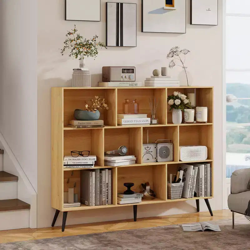 CuisinSmart Scaffale aperto a 3 ripiani in legno, Libreria autoportante a 10 scomparti con 5 gambe in ferro per casa ufficio soggiorno camera da letto