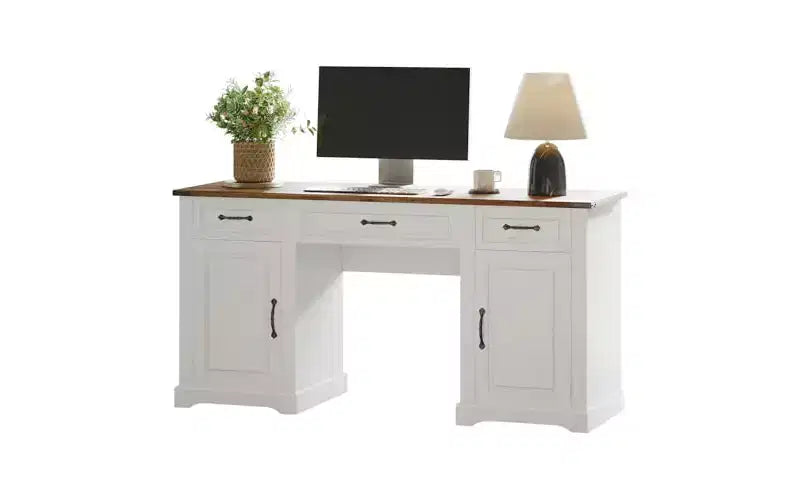 GustoWave 60 Farmhouse Executive Desk with 3 Drawers - Large Wood Computer Desk with Storage Cabinet, Easy Assembly, White