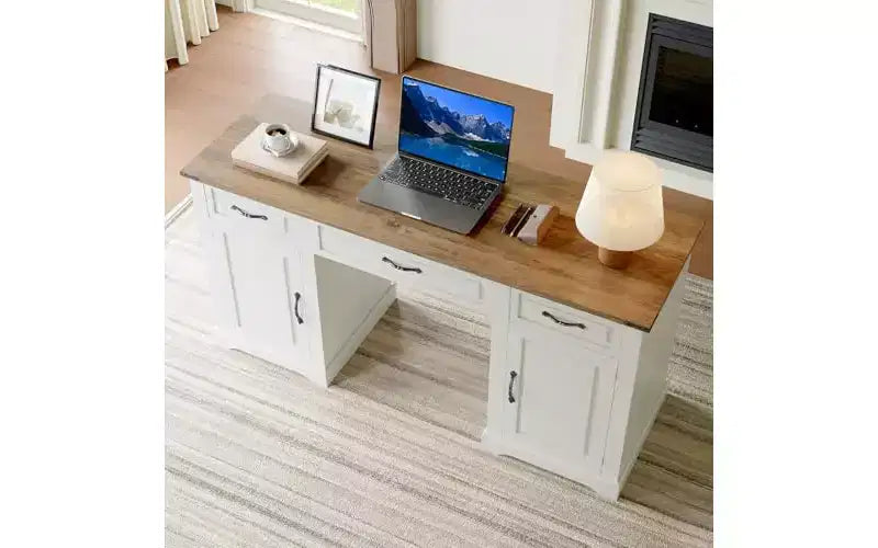 GustoWave 60 Farmhouse Executive Desk with 3 Drawers - Large Wood Computer Desk with Storage Cabinet, Easy Assembly, White