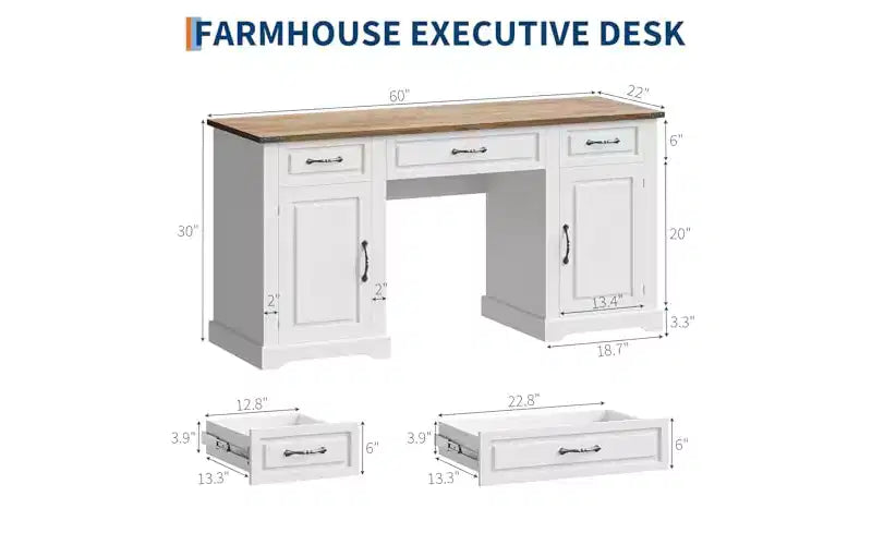 GustoWave 60 Farmhouse Executive Desk with 3 Drawers - Large Wood Computer Desk with Storage Cabinet, Easy Assembly, White