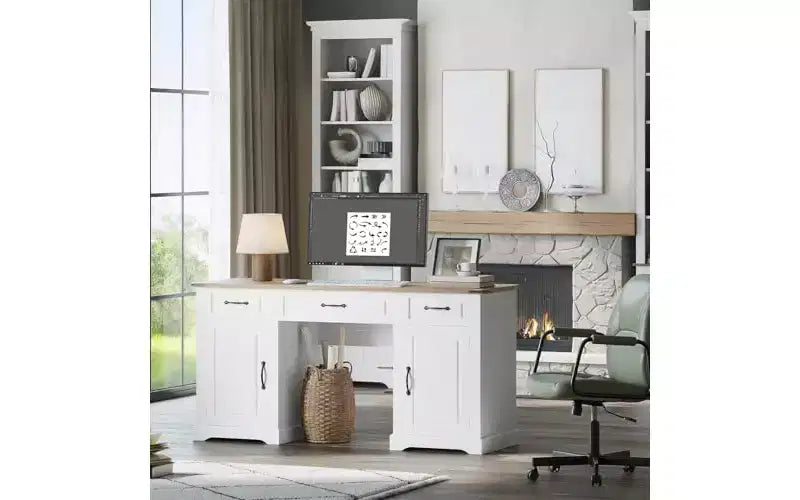 GustoWave 60 Farmhouse Executive Desk with 3 Drawers - Large Wood Computer Desk with Storage Cabinet, Easy Assembly, White