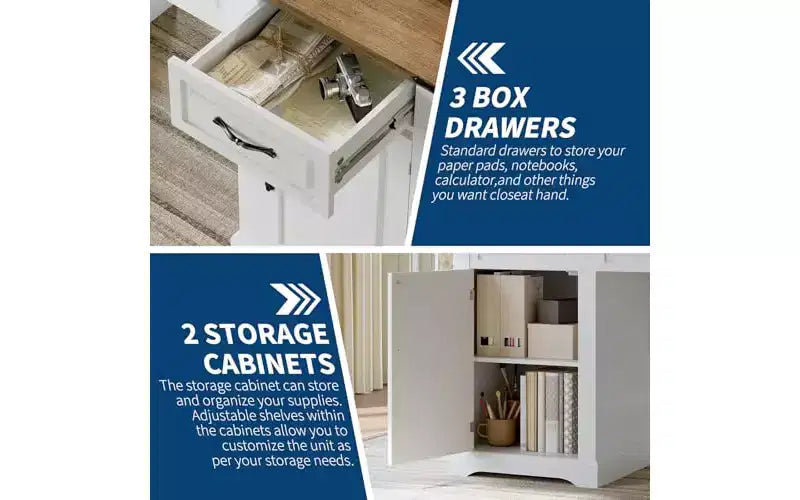 GustoWave 60 Farmhouse Executive Desk with 3 Drawers - Large Wood Computer Desk with Storage Cabinet, Easy Assembly, White