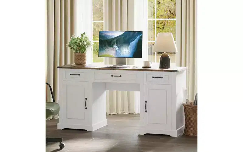 GustoWave 60 Farmhouse Executive Desk with 3 Drawers - Large Wood Computer Desk with Storage Cabinet, Easy Assembly, White