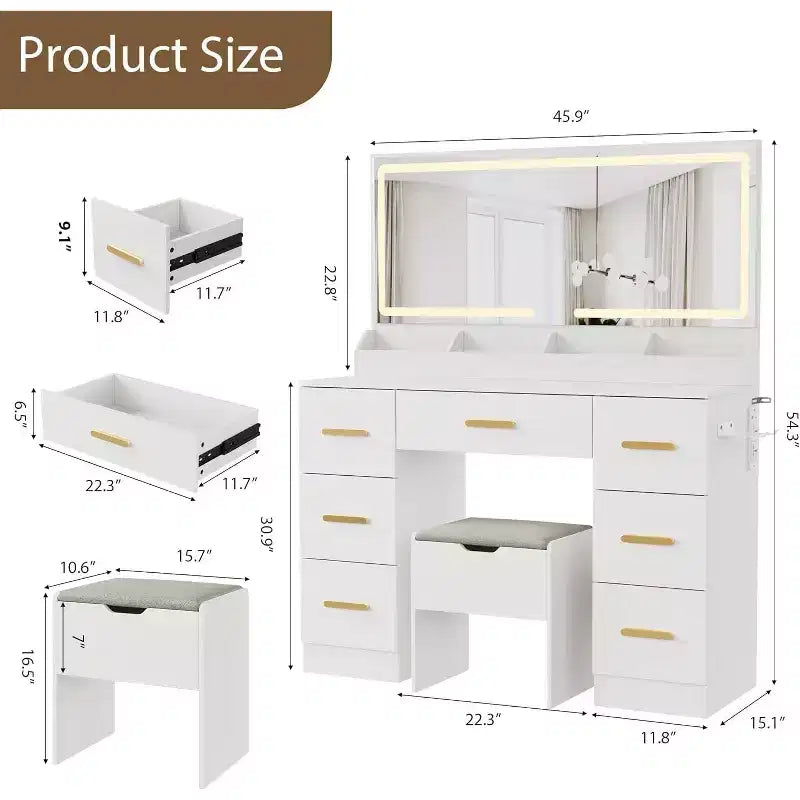 45.9 Makeup Vanity Desk, Vanity Desk with Large Mirror, 3 Lighting Modes Adjustable Brightness, 8 Drawers, for Powder Room and Bedroom