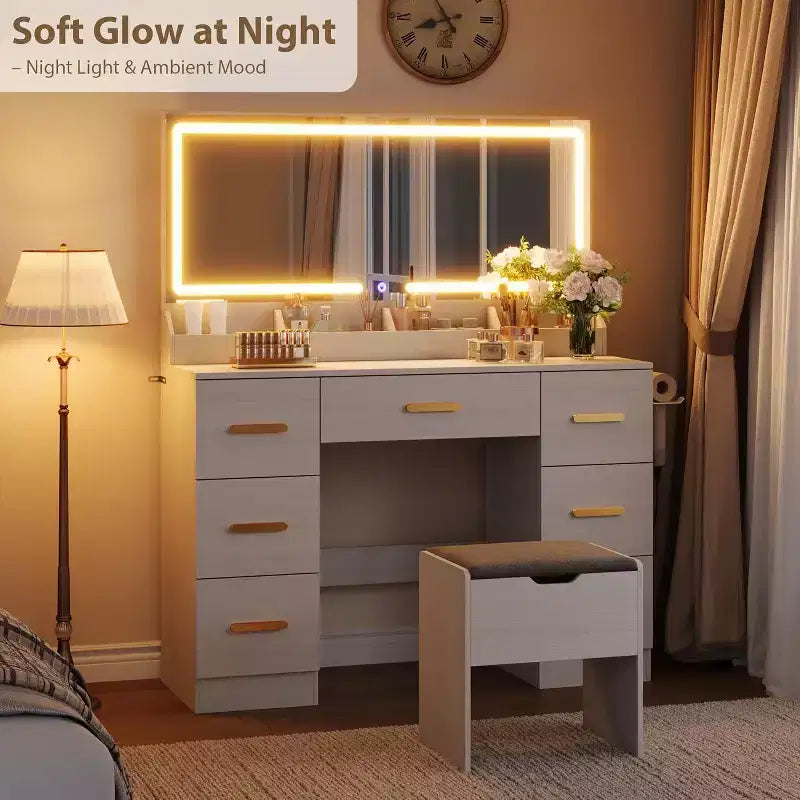 45.9 Makeup Vanity Desk, Vanity Desk with Large Mirror, 3 Lighting Modes Adjustable Brightness, 8 Drawers, for Powder Room and Bedroom