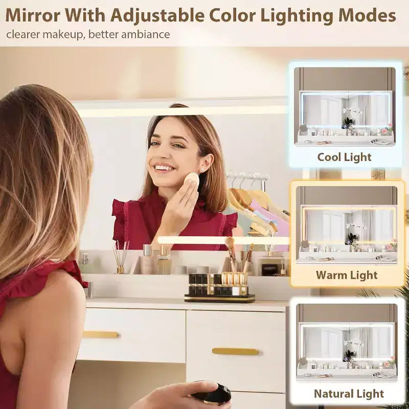 45.9 Makeup Vanity Desk, Vanity Desk with Large Mirror, 3 Lighting Modes Adjustable Brightness, 8 Drawers, for Powder Room and Bedroom