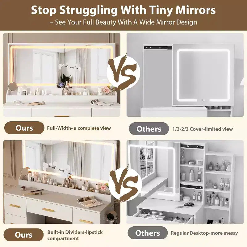 45.9 Makeup Vanity Desk, Vanity Desk with Large Mirror, 3 Lighting Modes Adjustable Brightness, 8 Drawers, for Powder Room and Bedroom