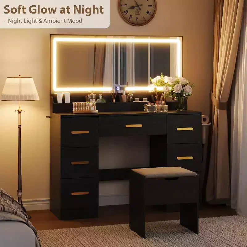 45.9 Makeup Vanity Desk, Vanity Desk with Large Mirror, 3 Lighting Modes Adjustable Brightness, 8 Drawers, for Powder Room and Bedroom