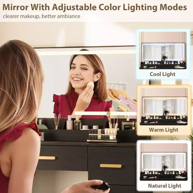 45.9 Makeup Vanity Desk, Vanity Desk with Large Mirror, 3 Lighting Modes Adjustable Brightness, 8 Drawers, for Powder Room and Bedroom