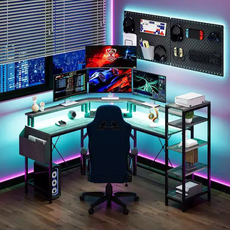 61 l-Shaped Gaming Desk, Ergonomic Computer Desk, with 5-Tier Shelves, LED, Power Outlet & Storage Bag