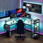 61 l-Shaped Gaming Desk, Ergonomic Computer Desk, with 5-Tier Shelves, LED, Power Outlet & Storage Bag