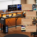 61 l-Shaped Gaming Desk, Ergonomic Computer Desk, with 5-Tier Shelves, LED, Power Outlet & Storage Bag