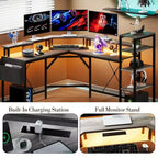 61 l-Shaped Gaming Desk, Ergonomic Computer Desk, with 5-Tier Shelves, LED, Power Outlet & Storage Bag