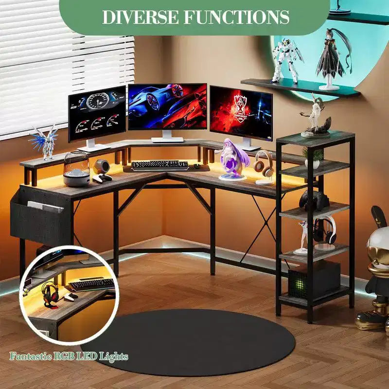 61 l-Shaped Gaming Desk, Ergonomic Computer Desk, with 5-Tier Shelves, LED, Power Outlet & Storage Bag