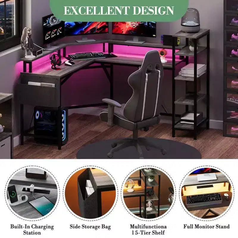 61 l-Shaped Gaming Desk, Ergonomic Computer Desk, with 5-Tier Shelves, LED, Power Outlet & Storage Bag