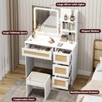 Vanity Desk, Makeup Vanity - Rattan Table with Adjustable LED Light & Mirror, 4 Drawers, 2-Tier Open Shelves, Large Storage for Bedroom (White)