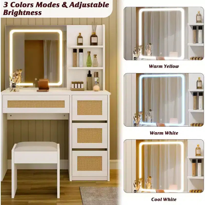 Vanity Desk, Makeup Vanity - Rattan Table with Adjustable LED Light & Mirror, 4 Drawers, 2-Tier Open Shelves, Large Storage for Bedroom (White)